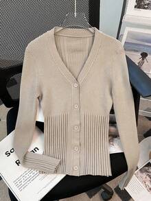 V-Neck Design, Fine Buckle, Long Sleeve, Ribbed Knit Cardigan, Essential For Women In Autumn/Winter And Back To School Season - Khaki - View 2