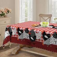 1pc Vintage Farmhouse Round & Rectangular Tablecloth, Multiple Sizes, Rooster Red Plaid Pattern Print Design, Suitable For Spring/Summer, Kitchen, Picnic, Fits Easter, Birthday, Mother's Day, Graduation, Wedding Gifts - Multicolor - View 7