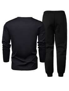 男士春秋字母印花休闲两件套，包含长袖 T 恤和抽绳腰裤，适合送给丈夫/男朋友的礼物、街头、通勤、户外