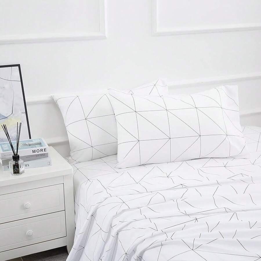 Best Season 4 Piece Bed Sheet Set - Full Size - Soft Microfiber Bedding Sheet Set, Deep Pocket, Stain, Fade & Wrinkle Resistant (Plaid Black & White), Luxury Comfortable - 幾何白 - 查看 1