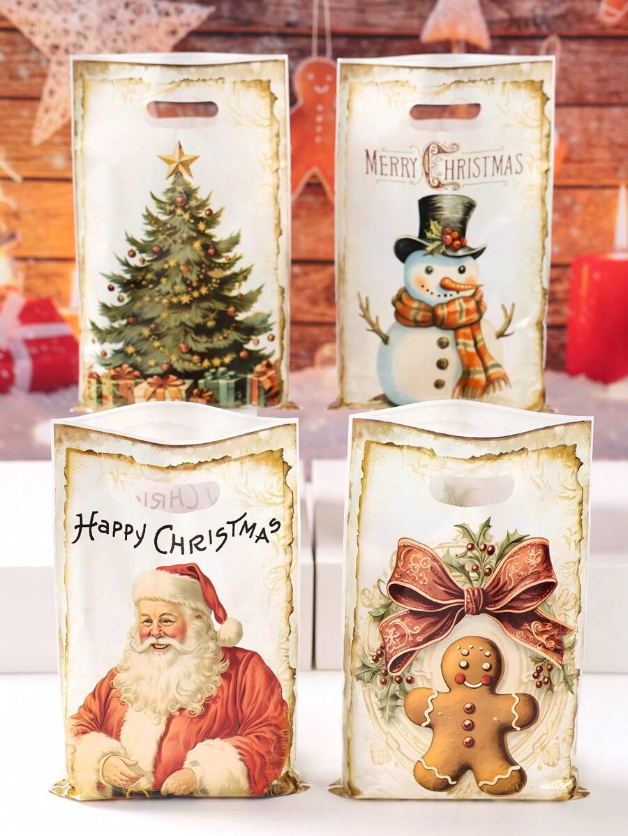 50pcs Christmas Gift Bags Handbag, Santa Claus, Snowman, Christmas Tree, Gingerbread Man Plastic Bags, Christmas Vintage Style Gift Decoration Bags, Merry Christmas Decorations, Christmas Party Supplies, Christmas Small Gift Bags, Shopping Small Goods Wrapping Bags, Christmas Gift Wrap Supplies, Kitchen Wrapping Supplies, 2026 New Year Decor, Party Favors