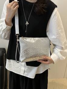 女士信封手拿包，鳄鱼压纹，拉链，单肩包，斜挎包 - 銀色 - 查看 2