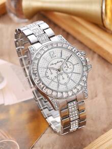 1pc Versatile Rhinestone Women's Watch, Fashionable Quartz Ladies Watch With 5pcs Simple Wheat Chain Bracelet Set - Black - View 5