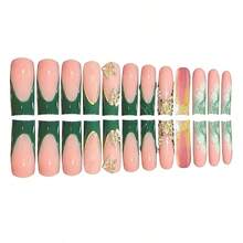 DLong Square Pr On Nails Green French Tip Fake Nails Gold Glitter False Nails With Gold 3D Butterfly Designs Long Square  On Nails Sparkly Artificial Nails Cute Stick On Nails For Women7001 - LongStyle-C5C29 - 查看 4
