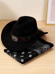 1 Set Unisex Cowboy Hat With Bull Horn Decor + 1 Cashew Pattern Scarf Fashion Outfit, Suitable For Horse Riding, Rodeo, Music Festivals, Bars, Gifts And Daily Use
