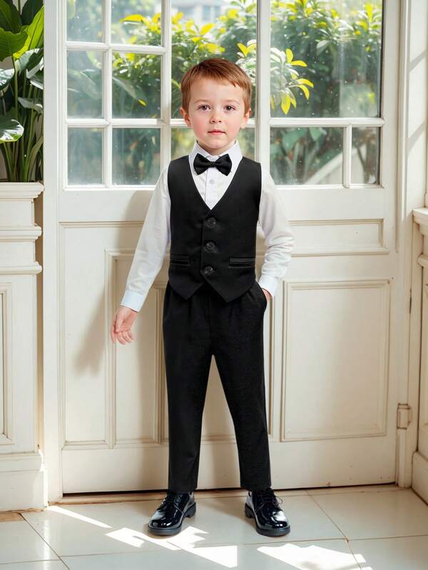 4pcs Young Boy Spring New Formal Outfit - White Shirt, Solid Vest, Bow Tie, Pants, Slim Fit Boys Suit For Party, Wedding, School