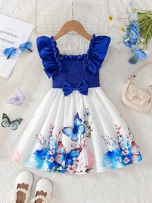 Váy suông chữ A trễ vai nhún bèo thời trang cho bé gái, thích hợp mặc hàng ngày, ở nhà, ngoài trời, mùa hè - Xanh và trắng - Xem 4