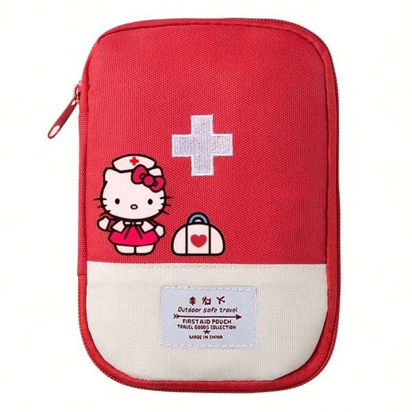 Sanrio Kit de primeros auxilios portátil de Hello Kitty - Bolsa médica roja y blanca con diseño de cruz y personaje, ideal para viajes, oficina, hogar y uso al aire libre, artículo de viaje esencial, accesorio divertido, cierre de cremallera resistente