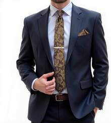 Silk Floral Necktie Set With Tie Clip, Handkerchief & Cufflinks - Brown and Yellow - View 5
