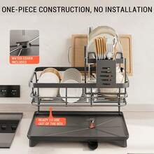 2-Tier Black Expandable Dish Drying Rack, Suitable For Kitchen Countertops, Large Dish Drainer With Pot Rack, Cup Rack, And Dish Rack For Iron Kitchen Counters And Sink Dish Racks - Large-Capacity Storage Rack With Draining Board, Dish Rack, And Cup Hooks - Foldable Design, Efficiently Saves Space For Storing Plates, Bowls, Pots, And Utensils, Efficiently Stores Plates | Foldable Rack | Durable Kitchenware, Kitchen Countertop Dish Drying Rack - màu đen - Xem 2