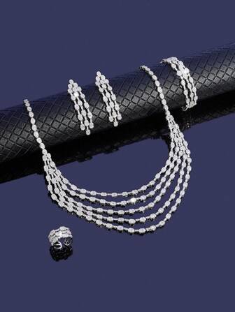 4pcs Fashionable Cubic Zirconia Luxurious Wedding & Evening Five Layered Necklace, Earrings, Bracelet, Open Ring For Women's Daily Wear