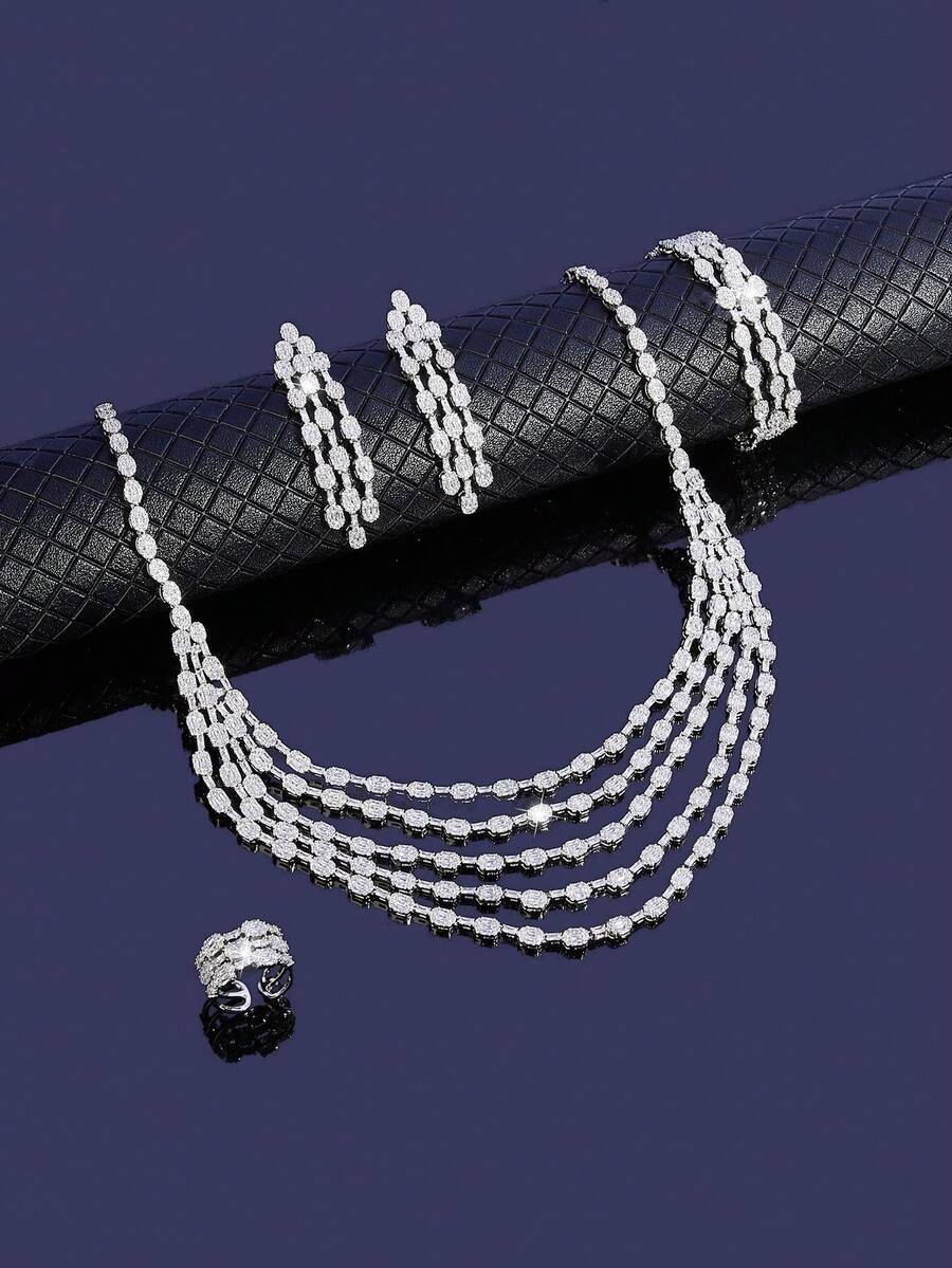 4pcs Fashionable Cubic Zirconia Luxurious Wedding & Evening Five Layered Necklace, Earrings, Bracelet, Open Ring For Women's Daily Wear - Set - View 1