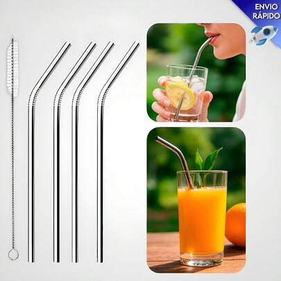 Kit 5 Peças Canudo Reto, Curvo e Escovinha Limpeza Inox