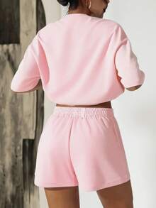 HESSEN 2pcs/Set Plus Size Women Casual Fashion Simple Basic Versatile Solid Color Letter Print Graphic Sweatsuit, Round Neck Short Sleeve T-Shirt With Drawstring Pocket Shorts Two Pieces Set, Back To School Outfit, Women Teachers Uniform, Jogging Suit, Valentine's Day, New Year Holiday Clothing - Pink - View 2