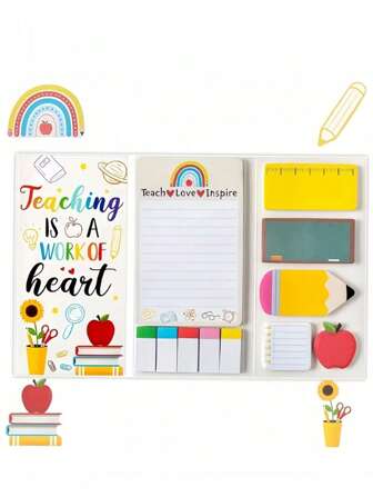 1 Set de regalo del Día del Maestro, Juego de notas adhesivas, Almohadillas autoadhesivas de colores con diseño educativo, Adecuado para regalar a maestros al volver a la escuela - Incluye cuaderno, planificador, lápiz, etc. - Útiles escolares de oficina, Regalos para maestros, Temporada de vuelta a clases, Temporada de graduación, Regalos de vuelta a clases, Regalos de graduación