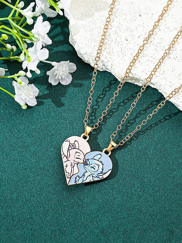 Disney Disney, 1 Pair Stitching Necklace With Stitch & Angie Love Pendant, Couple Necklace Cartoon Heart Stitching Necklace, Women Men Love Jewelry Accessory Gift, Perfect Ideal Gift For Partner