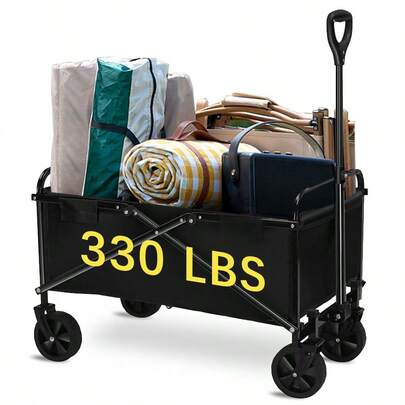 330/680-Pound All-Terrain Heavy-Duty Folding Cart, Large-Capacity Camping Cart Suitable For Courtyard Shopping/Sports/Outdoor/Gardening Equipment Transportation, Black Multi-Functional Practical Cart