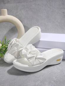 Women's Fashion Casual Wedge Slide Sandals, Comfortable Outdoor Pleated Solid Color Minimalist Elegant Summer Beach Shoes