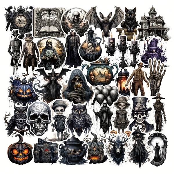 50 piezas Juego de pegatinas exquisitas de Halloween de 50 piezas - Reutilizables en una variedad de formas para álbumes de recortes, diarios, teléfonos celulares, computadoras portátiles y talla grande - Perfecto para adolescentes y adultos.