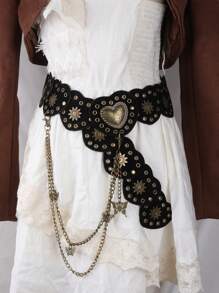 1 件女式复古棕色西式金属心形拼接腰带，Y2K Baddie 复古美学皮革腰带配蝴蝶链情人节情人节夏季、学校秋季、秋季、万圣节