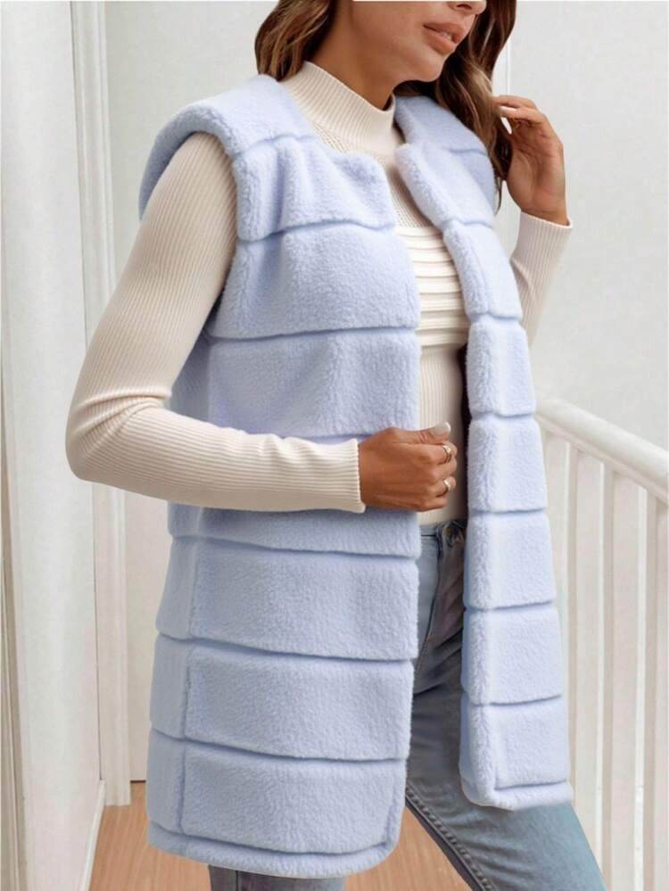 Chaleco Abrigadora Peluche dama  mujer abierto bajo largo costura visible noche caliente frío invierno cómodo - Celeste - Añade 1