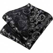 Conjunto de corbata de seda con estampado floral, incluye pinza de corbata, pañuelo y gemelos - Negro y plata - Ver 11