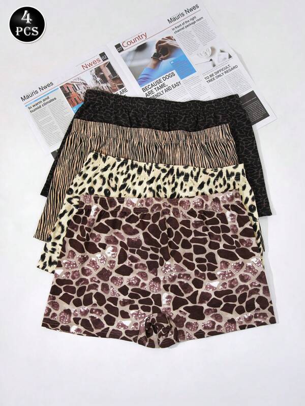 4pcs/Pack Men's Soft Knit Fabric Casual Printed Mid-Waist Briefs