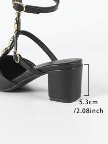 SOLE STORY Women's Black Leather Metal Double Ring Chain Decor Pointed Toe Low Vamp Ankle Strap 5.3cm Chunky Heel Sandals, Commuting Fashion Summer - Black - View 9
