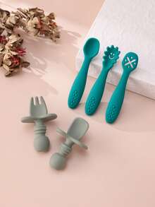 5PCS Personalized Customization Name Baby Silicone Utensils Mini Spoon Fork Food Accessories Solid Color Baby Tableware Print On Demand Baby's Cutlery - Multicolor - View 14