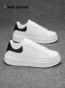 男士简约时尚纯色皮革前系带休闲鞋，适合学生、通勤、男女通用、户外、运动、滑板 - 白黑 - 查看 2