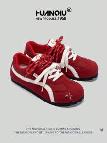 HUANQIU 2025新款女鞋女滑板鞋一双百搭时尚透气系带居家办公户外小白鞋百搭轻便舒适小白鞋系带软底运动鞋休闲鞋跑步鞋圣诞苹果红四季鞋 - 紅色 - 查看 4