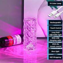 16-Color Rose Ambient Light Crystal Table Lamp RGB Color Changing Night Light,Romantic LED Rose Diamond Touch Lamps For Living Room (Remote & Touch)