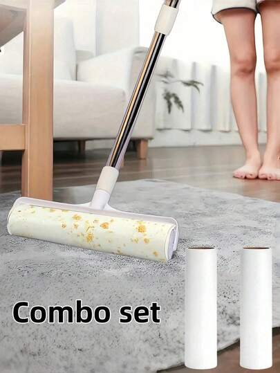 Floor Lint Roller With Refills,Wide Lint Remover Roller For Pet,Carpet Cleaning Lint Roller, Lint Remover, Long Handle Sticky Mop [120 Sheets/3 Refills], 9.45Inch /24cm Long And 1.5 Inch /3.8cm Diameter, For Cleaning Carpets, Floor,Couch Bed, Cars, Clothing, And Pet Hair