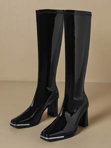 秋冬季粗跟过膝性感红色亮面漆皮方头高跟过膝长靴，拉长腿部线条，时尚女式礼服靴 - 黑色 - 查看 4