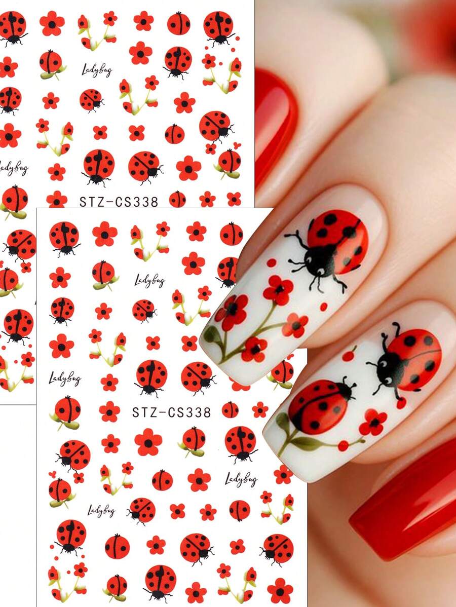 FULL BEAUTY 2 件瓢虫花昆虫美甲贴纸七星瓢虫五瓣花 Y2K 指甲滑块装饰美甲用品