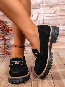 女士秋季新款蝴蝶结厚底厚底乐福鞋，时尚百搭休闲鞋