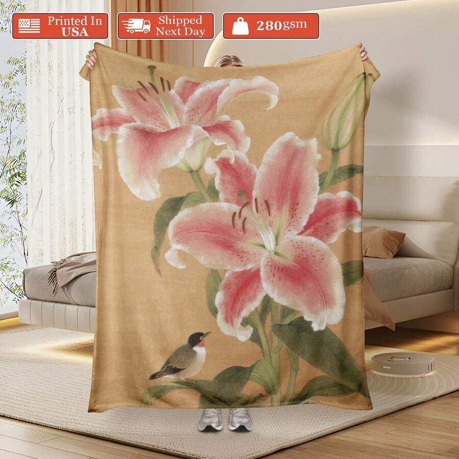 Lily Plant Tapestry Room Decoration Wall Decor Blanket Symbolizing Vitality Ultra-Soft Lightweight Silky Design For Elegant Decor Warm Flannel Blanket For Sofa Bed Travel Camping Polyester Fiber Thoughtful Gift For Family Friends Valentine's Gift Shipped From USA - Nhiều màu 6 - Xem 1