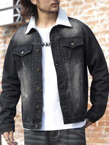 Jaqueta Denim de Manga Longa com Gola de Pelúcia, Estilo Coreano Retrô Lavado, Adequada como Presente para Namorado ou Marido, para Outono e Inverno