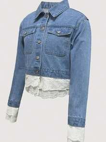 Plus Size Women's Fashion Lace Trim Cropped Denim Jacket, Patchwork Lace Casual Denim Top. - 藍色 - 查看 5