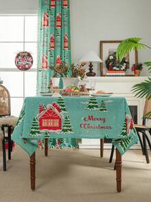 1 pièce Nappe de table de Noël avec imprimé de maison rouge et flocons de neige, convient pour la décoration de fête familiale de vacances de Noël, couverture de table de cuisine et de salle à manger, décoration de meuble TV