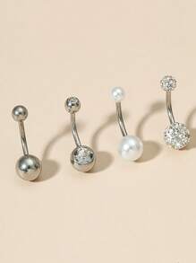 4pcs Rhinestone Rhinestone Curved Barbell Navel Piercing Rings, Stainless Steel Simple Design Belly Button Rings For Women - Golden Crossbar - View 4