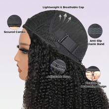 3 In 1 Half Wig | Afro Curly Flexible Fit Half Wig With Drawstring Natural Hairline Beginner Friendly Kinky Curly Glueless Wigs With Drawstring Seamless Put On Go Glueless Wig - Natural Black - 查看 5