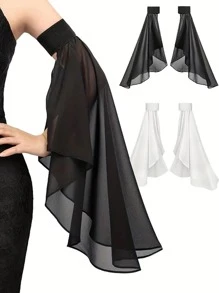 1对优雅女士可拆卸长袖雪纺臂套，适合欧美跨境新娘的单层袖，薄雪纺系带弹力透气走秀可拆卸喇叭袖蝙蝠袖，适合日常婚礼穿着，时尚装饰配饰