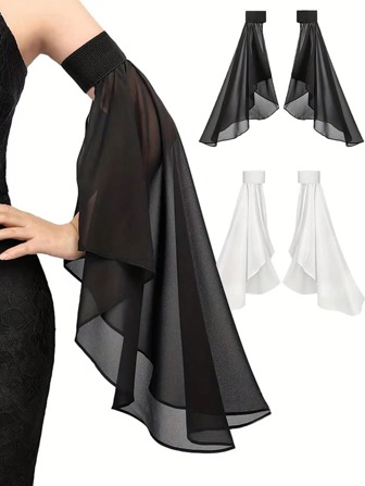 1对优雅女士可拆卸长袖雪纺臂套，适合欧美跨境新娘的单层袖，薄雪纺系带弹力透气走秀可拆卸喇叭袖蝙蝠袖，适合日常婚礼穿着，时尚装饰配饰