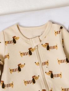 1pc Newborn Baby Boy Cute Dog Print Zipper Front Long Sleeve Jumpsuit, Suitable For 0-9 Months Daily Wear - Apricot - View 3