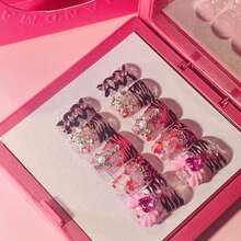 10pcs Y2K Red Nails Chic Short Duckbill Press On Nails Set - Handcrafted With Shiny Rhinestones, Zebra Stripes, Hearts, And Crystal Accents, Features Pink Black And French Tip Style, Perfect For Parties & Casual Attire, Suitable For Wedding Parties And Daily Wear, Includes Tool Kit For Easy Application. - 彩色 - 查看 6