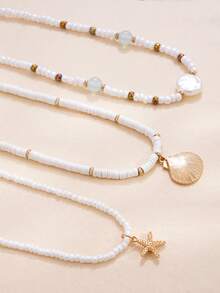 3件套夏季女孩海滩度假风格海星和贝壳串珠多层项链 - 均碼 - 查看 3