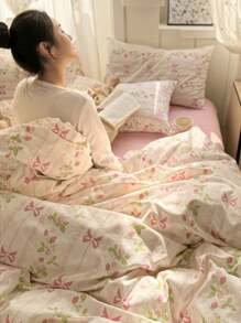 3 件套加厚涤纶清新印花可水洗床上用品套装，适合男孩和女孩宿舍，包括 1 个羽绒被套和 2 个枕套（无填充物）