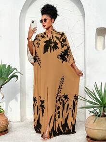 BIUBIU This Plus Size Women's Spring/Summer Off-Shoulder Loose Front Slit Maxi Dress With Sunshine/Plant Element Print Is An Important Fashion Item For Spring Vacation. - Black Flower - View 4