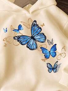 Young Girl Butterfly Pattern Warm Hoodie Sweatshirt - Apricot - View 5